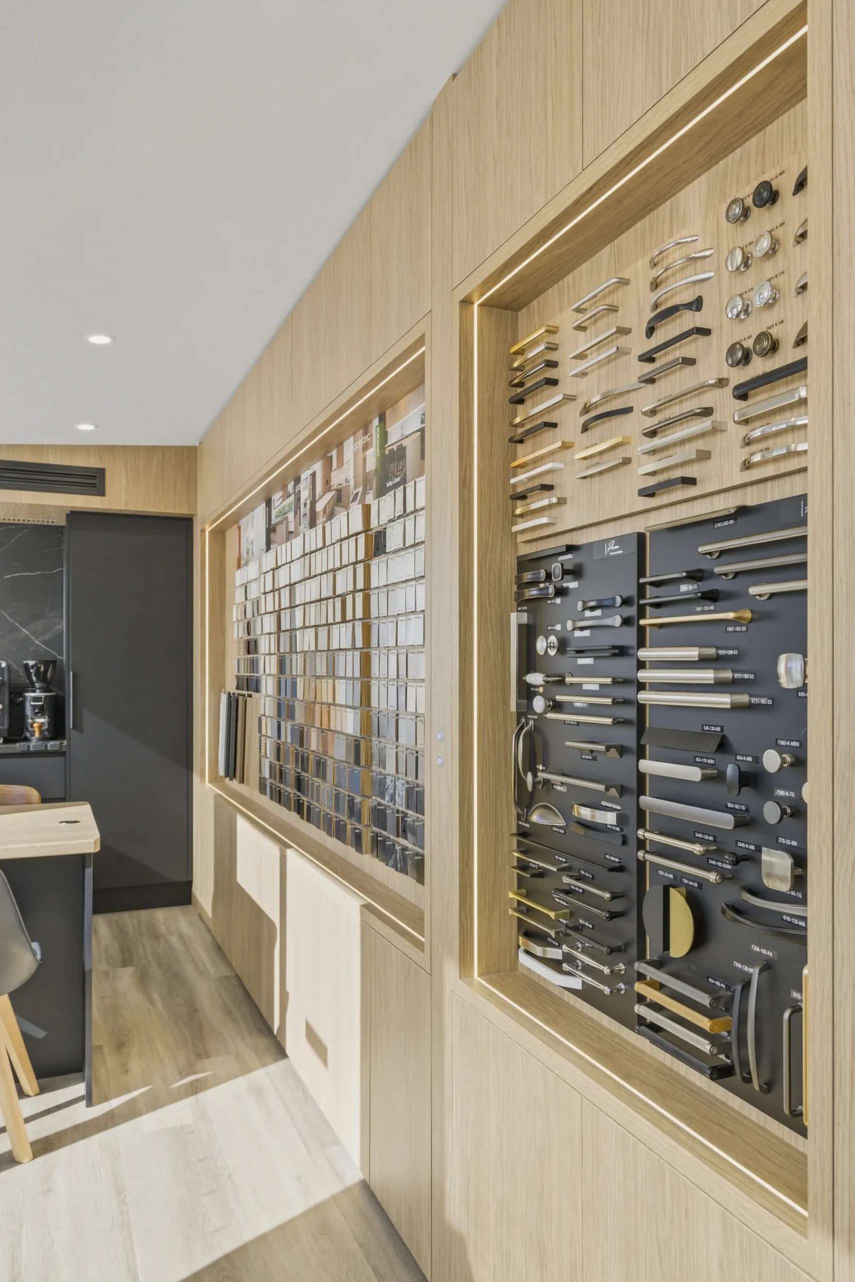 Cabinet handle and hardware sample display at the Kitchen Wizard Ballarat showroom
