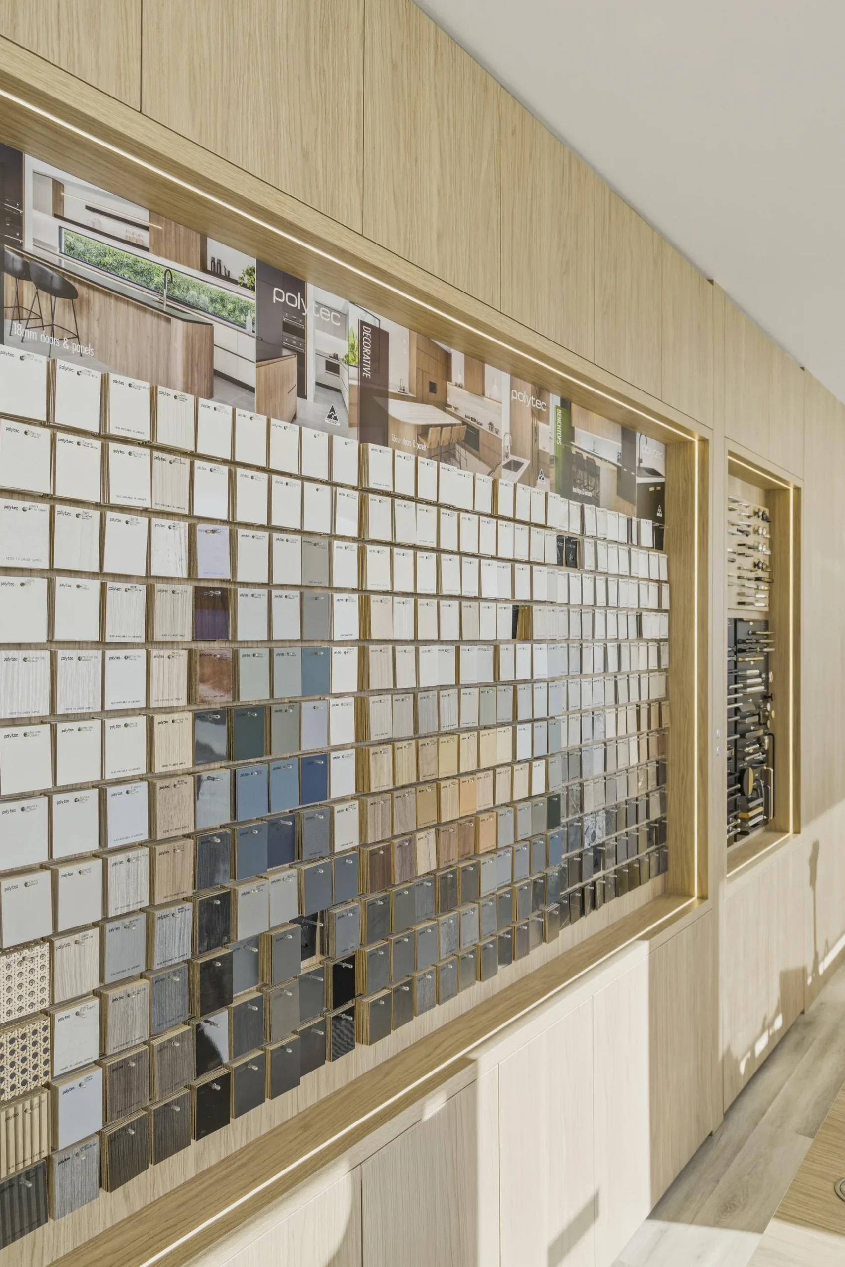 Cabinet door colour and finish sample wall at the Kitchen Wizard showroom